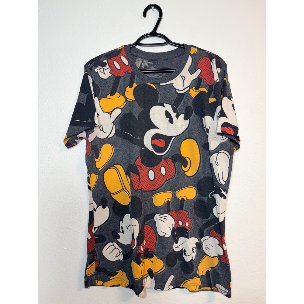 Disney Mickey Mouse All Over Print T-Shirt Mens Large Gray Short Sleeve Graphic